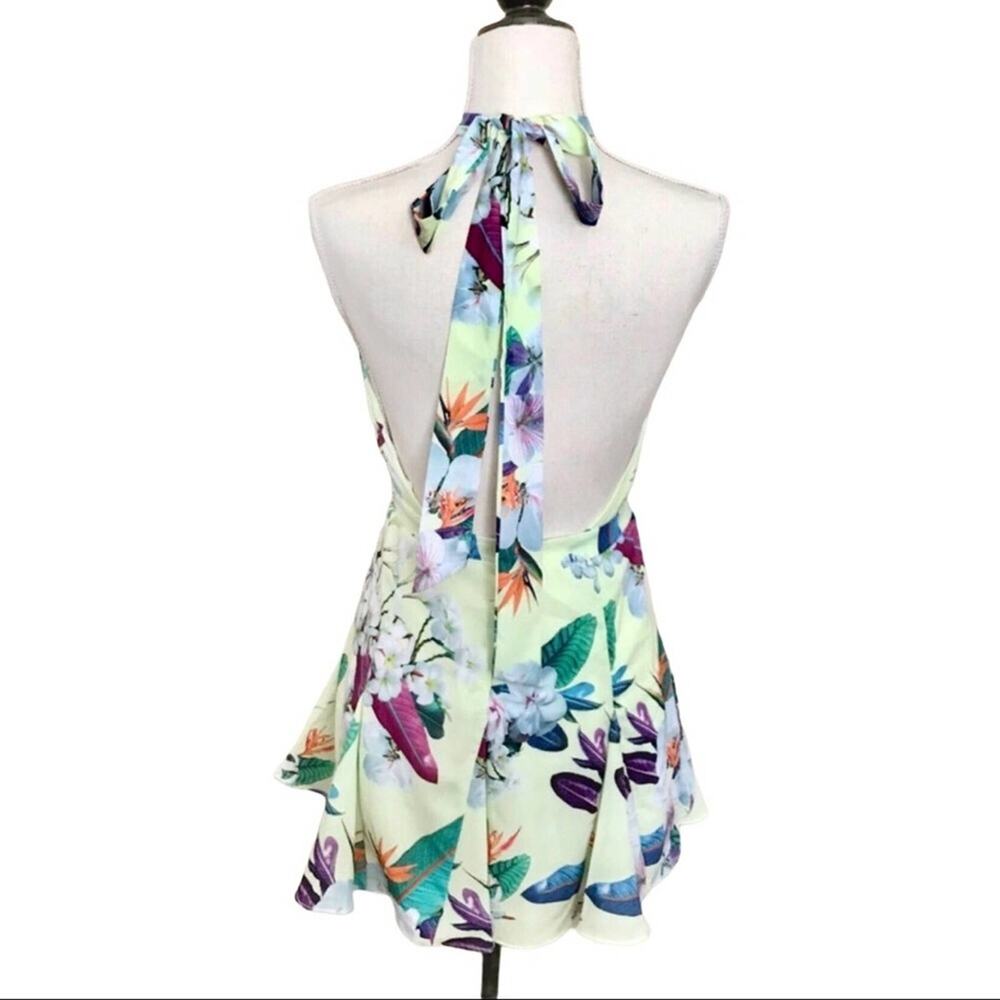 Tropical NWT Floral Print Mini Dress Halter Backless Yellow Pink Sleeveless - Picture 6 of 9